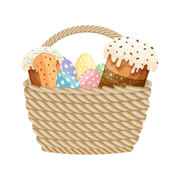ilustrações, clipart, desenhos animados e ícones de cesta de vime com bolos de páscoa e ovos de páscoa. - picnic basket christianity holiday easter