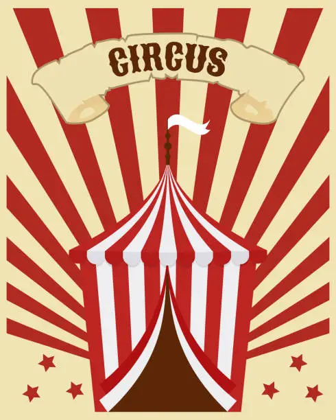 Vector illustration of Circus poster. Vintage circus poster, circus on striped rainbow background with stars.