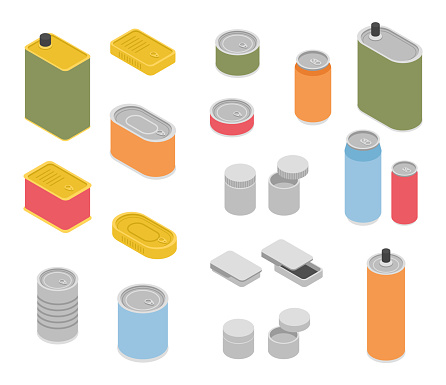 Tin Cans Isometric projection set. Different types of cans. Vector illustration.