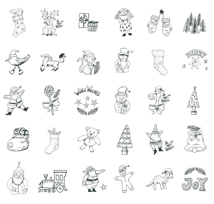 Cute Doodled Christmas elements on a transparent background. There is no white fill on these. Black lines only.