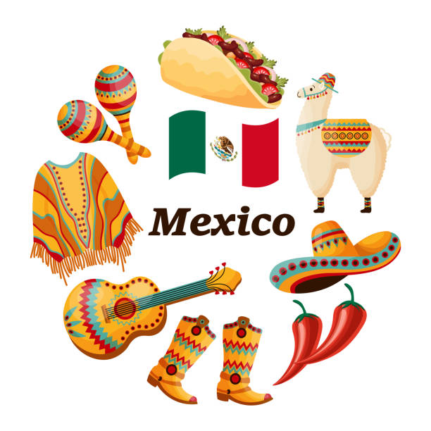 illustrations, cliparts, dessins animés et icônes de ensemble de symboles du mexique, sambrero, poncho, guitare, bottes de cow-boy, maracas, lama et drapeau. - maraca