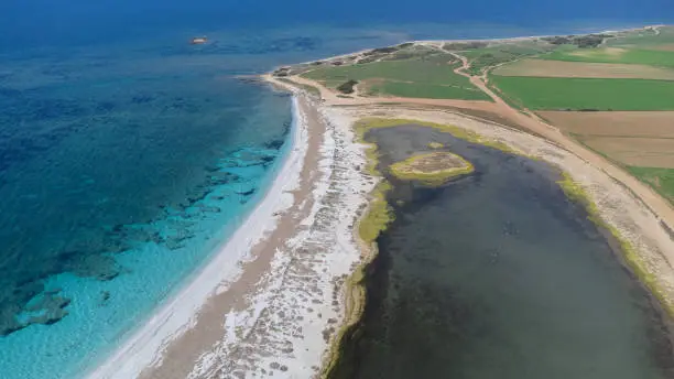 Photo of aerial view of the crystalline waters of the sea of ​​is arutas and mari ermi beach in sardinia