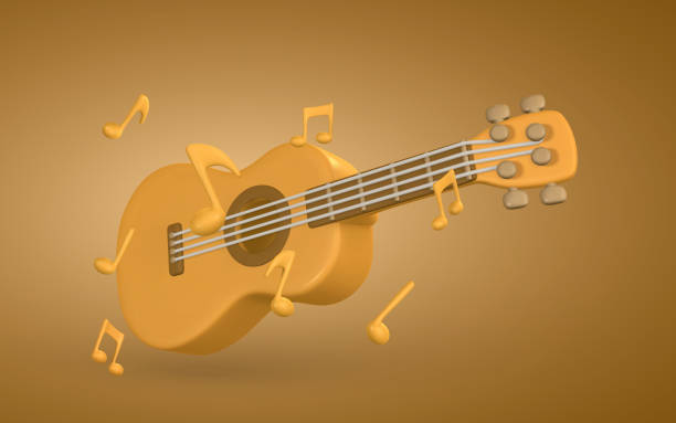 3d realistic acoustic guitar for music concept design in plastic cartoon style. Vector illustration 3d realistic acoustic guitar for music concept design in plastic cartoon style. Vector illustration. notes on guitar neck stock illustrations