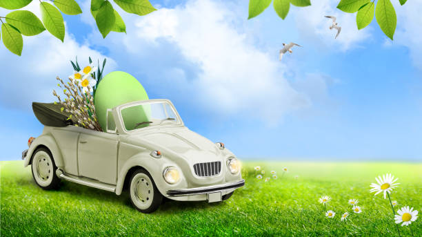 istock Retro toy car carrying an easter egg and willow branches 1481694970