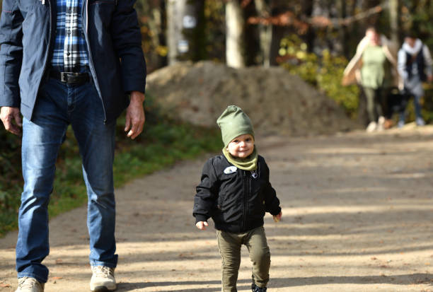 2-year-old girl learns to walk on her own during a forest hike on a park trail stock photo