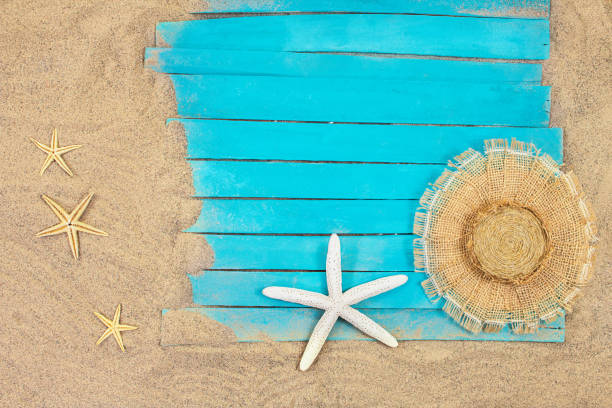 White and orange starfish with straw hat on blue rustic nautical wooden pier boards. Summer, sea background. Concept of travel, vacation. Copy space White and orange starfish with straw hat on blue rustic nautical wooden pier boards. Summer, sea background. Concept of travel, vacation. Copy space shell starfish orange sea stock pictures, royalty-free photos & images