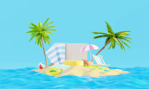 istock Summer vacation beach abstract background concept, Minimal Realistic Display Podium for Product mock-up or Cosmetics with summer theme, beach umbrella, sand, chairs, inflatable ring. 3d rendering 1481697204