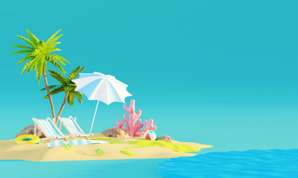 istock Summer vacation beach abstract background concept, Minimal Realistic Display Podium for Product mock-up or Cosmetics with summer theme, beach umbrella, sand, chairs, inflatable ring. 3d rendering 1481697220