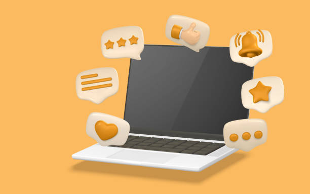 istock 3d realistic laptop and speech bubble with social icons in cartoon style. Vector illustration 1481697316