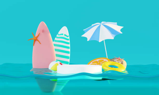 istock Summer vacation beach abstract background concept, Minimal Realistic Display Podium for Product mock-up or Cosmetics with summer theme, beach umbrella, sand, chairs, inflatable ring. 3d rendering 1481697429