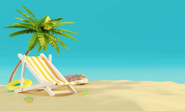 istock Summer vacation beach abstract background concept, Minimal Realistic Display Podium for Product mock-up or Cosmetics with summer theme, beach umbrella, sand, chairs, inflatable ring. 3d rendering 1481697442