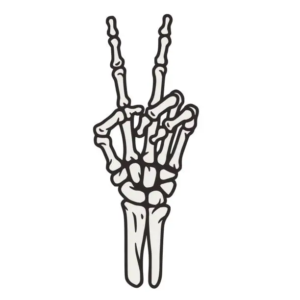 Vector illustration of Skeleton hand victory sign for halloween design. Hand bones gesture, vector graphic element for tattoo