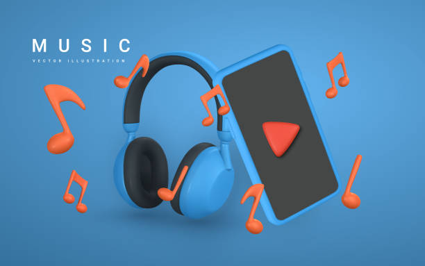 istock 3d music banner. Realistic smartphone, music notes and headphone in plastic cartoon style. Vector illustration 1481697518