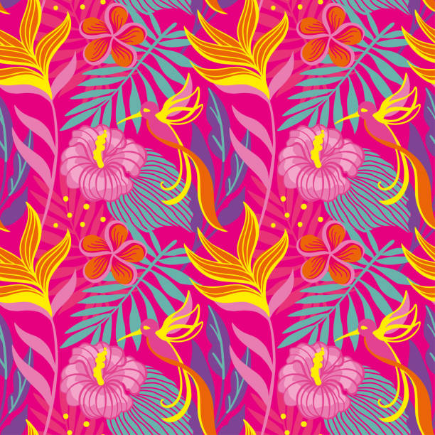 bunga dan tanaman eksotis. burung kolibri, cetakan musim panas. pola mulus untuk kain, pembungkus, tekstil, wallpaper, pakaian. - indonesia culture ilustrasi stok