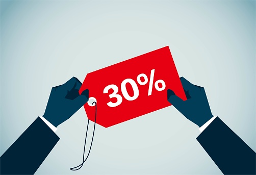 Two hands holding a thirty percent discount label, This is a set of business illustrations