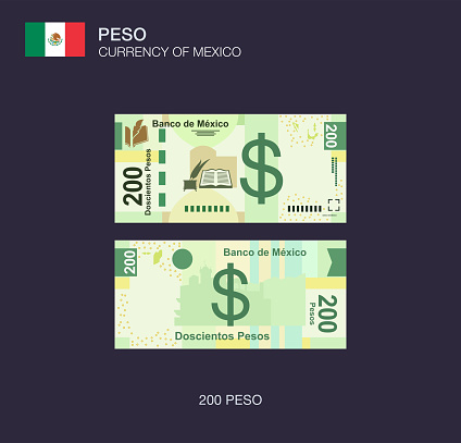 Currency of Mexico. Flat vector illustration of mexican two hundred peso.