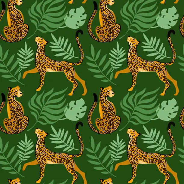 Vector illustration of Leopard en jungla. Wild animals. Seamless pattern on green background.  Summer print.