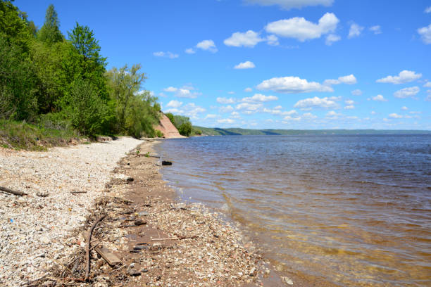 istock A beach with a rocky shore and a blue sky with clouds and horizon line 1481700782