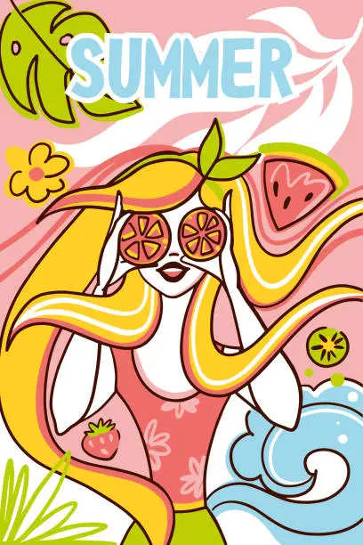 Vector illustration of Cheerful girl on the beach with fruits in her hands. Hello summer. Summer illustration.