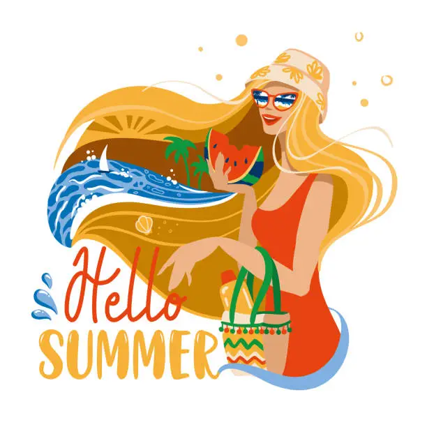 Vector illustration of Beautiful girl in a summer hat and sunglasses enjoys the seascape. Hello summer.