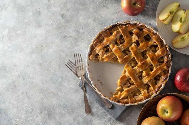 istock Whole apple pie, homemade fresh fruit pie with red apples. Copy space. 1481702814