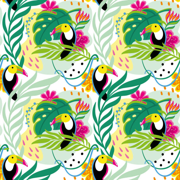 istock Toucan in tropical forest. Seamless pattern with exotic flowers and  leaves. 1481702917