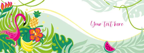 Vector illustration of Flamingo  in tropical forest. Floral banner. Summer banner.