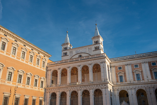 domes of the Church of the Most Holy Name of Mary and Santa Maria di Loreto in Rome seen from Piazza Venezia; Rome, Italy