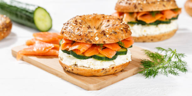 istock Bagel sandwich with salmon and cream cheese for breakfast panorama 1481705656