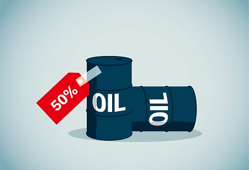 Barrels with discount stickers indicate weak international oil prices, This is a set of business illustrations