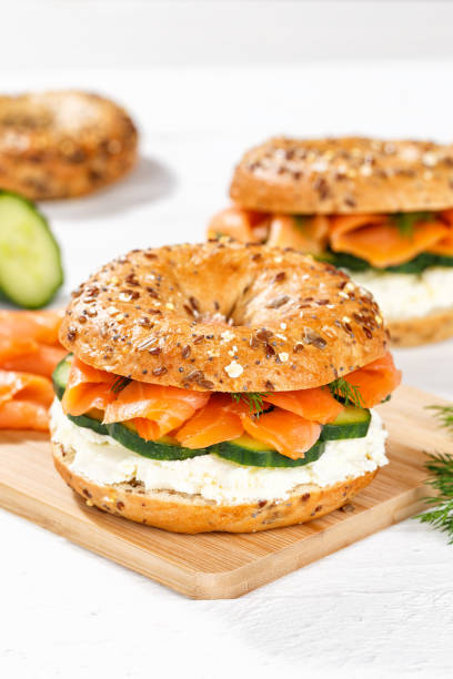 istock Bagel sandwich with salmon and cream cheese for breakfast portrait format 1481707340