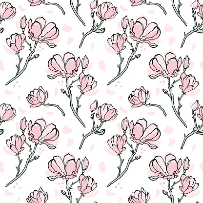 Branches with magnolia flowers. Flowering time. Seamless pattern on pastel colors.