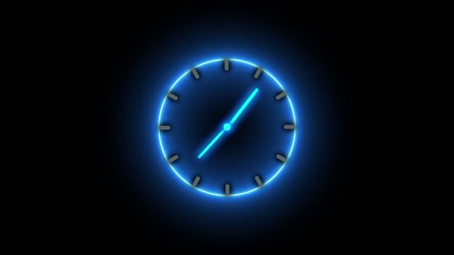 Neon abstract digital technology animated stopwatch clock on black color motion background.