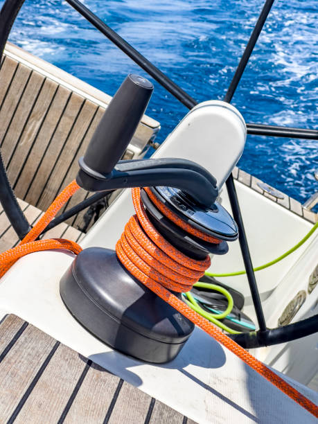 istock Sail boat winch with tight rope 1481709894