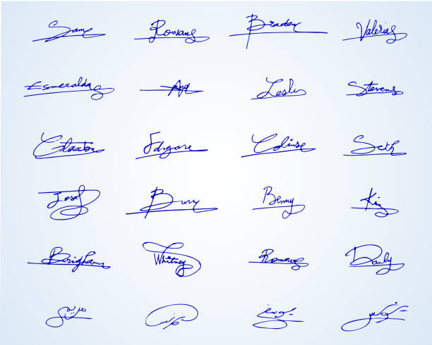 ilustraciones, imágenes clip art, dibujos animados e iconos de stock de conjunto de firmas sobre fondo azul. - signature isolated fountain pen