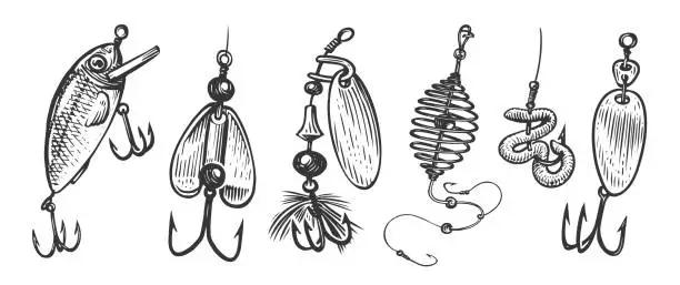 Vector illustration of Fishing bait. Fishery lures and wobblers with hooks. Accessories, equipment set vector illustration