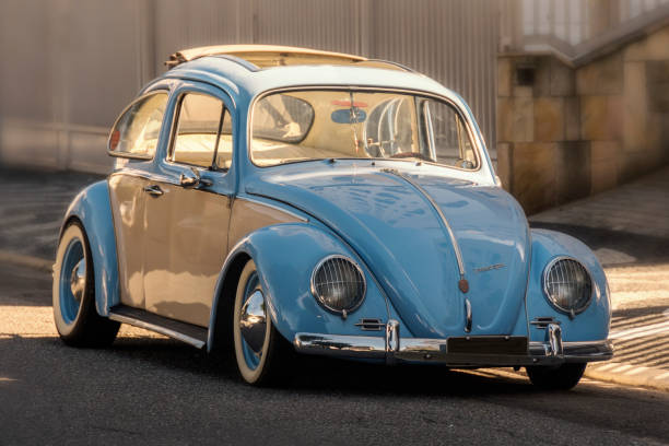 VW Beetle 1966 blue standing on the street. Santos, São Paulo - Brazil - April, 20, 2018.
