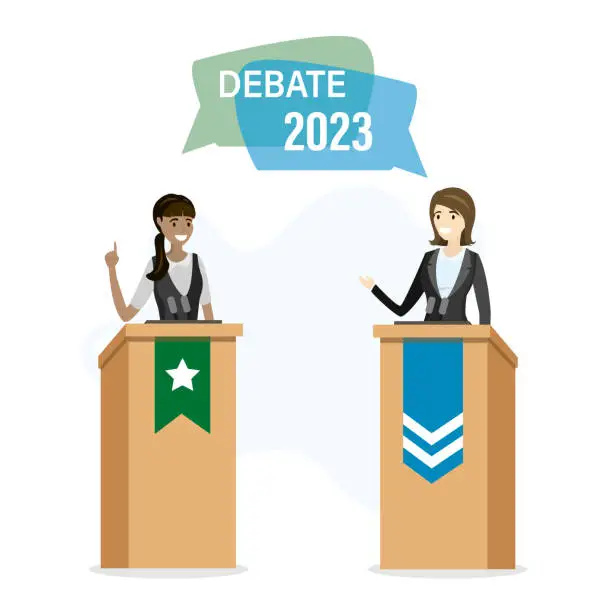 Vector illustration of Debate before vote 2023 year. Women leaders of political parties conducting discussion on public debates. Politicians talk, meeting and discuss problems. Election campaign.