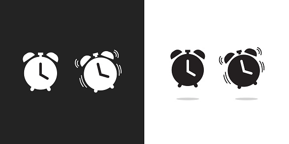 Clock alarm icon vector, time watch bell ringing wake up reminder for ui graphic illustration simple modern design pictogram image black white isolated