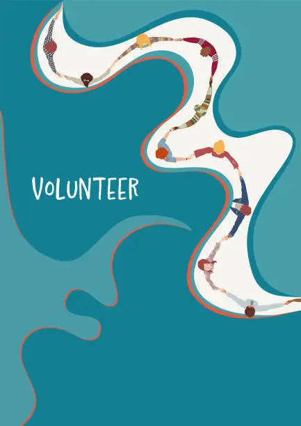 Vector illustration of Poster copy space. Volunteer people concept. Multicultural people holding hands. People diversity. Hands in a circle. NGO Aid. Solidarity. Recruitment volunteer. Non profit.Volunteerism