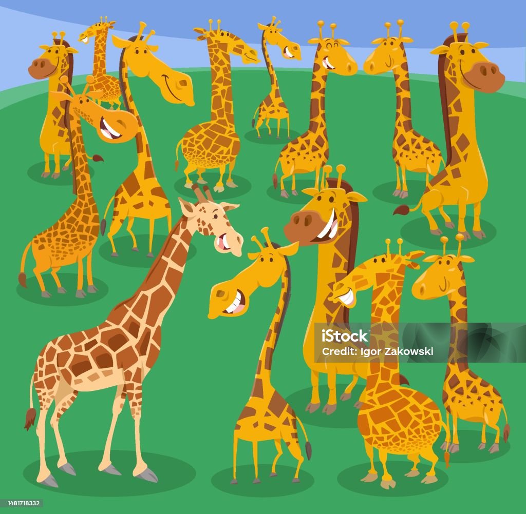 Funny Cartoon Giraffes Wild Animal Characters Group Stock Illustration