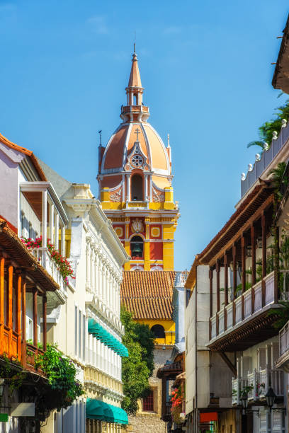 View of balconies leading to the stunning cathedral in Cartagena, Colombia stock photo