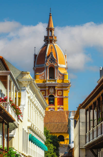 View of balconies leading to the stunning cathedral in Cartagena, Colombia stock photo