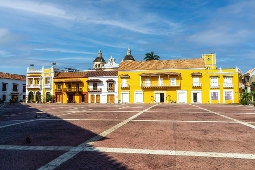Plaza de la Aduana in historic center of Cartagena. Cartagena's colonial walled city was designated a UNESCO World Heritage Site