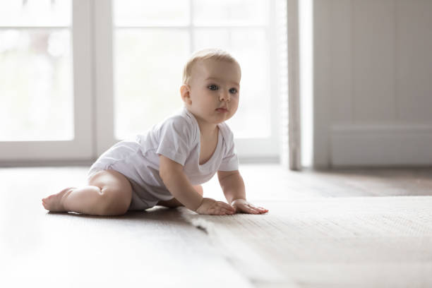 istock Cute little baby in white bodysuit learning to crawl 1481721792