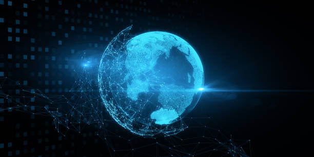 istock Glowing blue polygonal globe hologram on dark background. 3D Rendering. 1481728043
