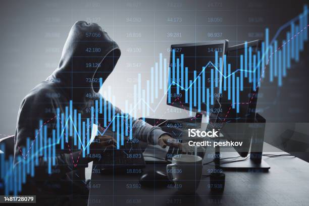 Harking Using Commputers Hacker Using Computers At Desk With Glowing Candlestick Forex Chart On ...