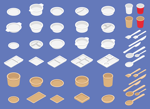 Disposable tableware set. Isometric vector illustration.