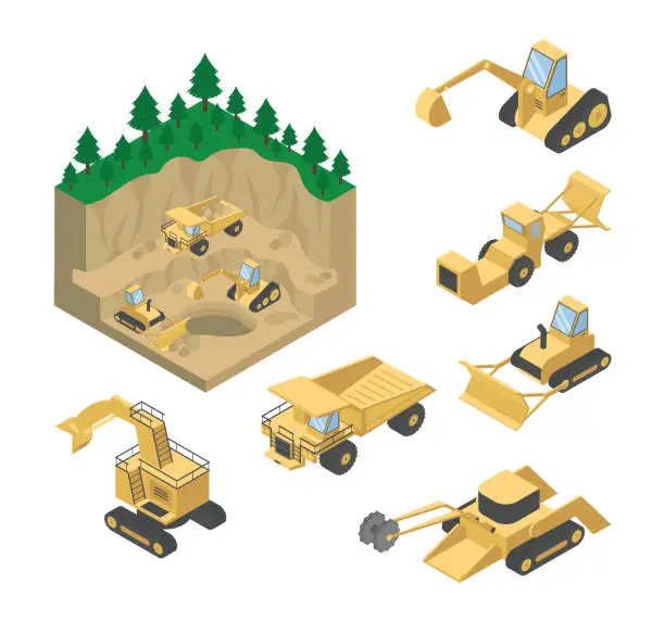 Vector illustration of Quarry and Mining, Mining Machinery, Isometric Set