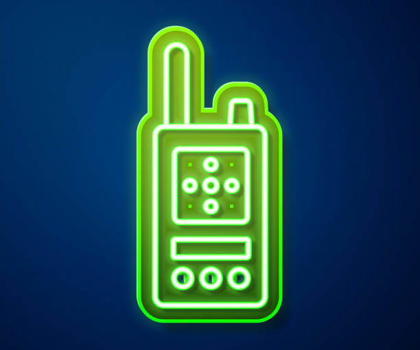 istock Glowing neon line Walkie talkie icon isolated on blue background. Portable radio transmitter icon. Radio transceiver sign. Vector 1481732322